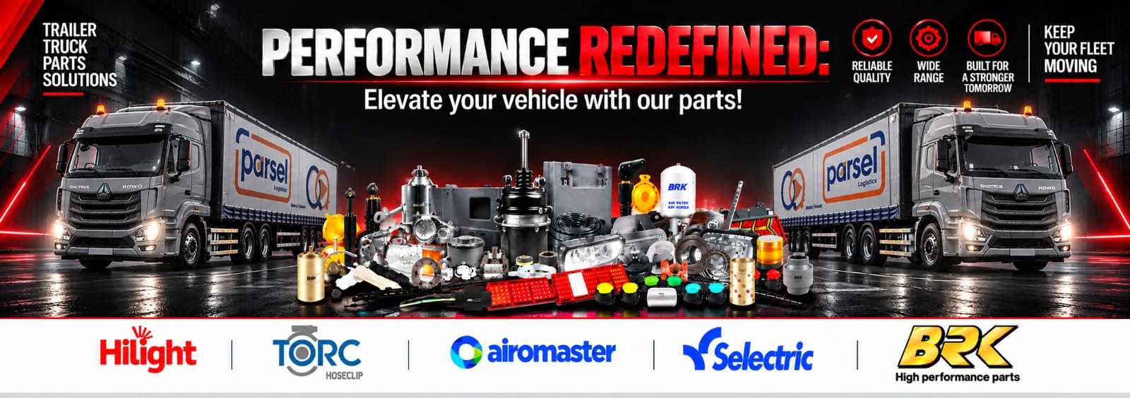 Safepoint truck and trailer parts — brake chambers, air dryers, filters, lighting, suspension and driveline components laid out between two tractor units with curtainside trailers.